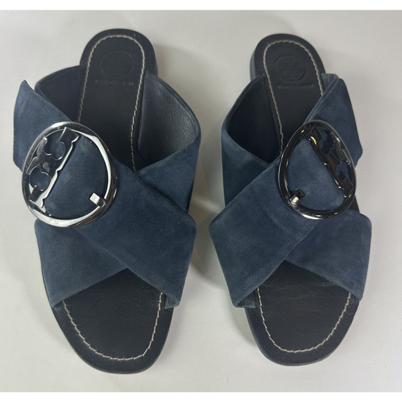 Tory Burch Grant Suede Sandal Open Toe Criss Cross Slides Midnight Blue 7.5 M - Picture 2 of 16